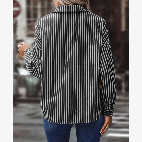 Classy Elegant Oversized Stripe Button Down Top Blouse Shirt - Picture 4 of 6